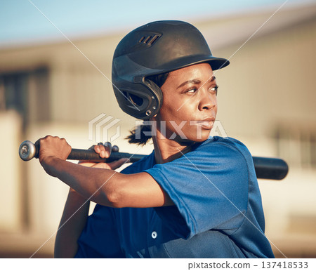 Sports, baseball player or black woman with a bat, fitness or game with power strike, hit or swing. Person, health or athlete in club competition, practice match or softball with training or exercise Sports, baseball player or black woman with a bat, fitness or game with power strike, hit or swing. Person, health or athlete in club competition, practice match or softball with training or exercise 137418533