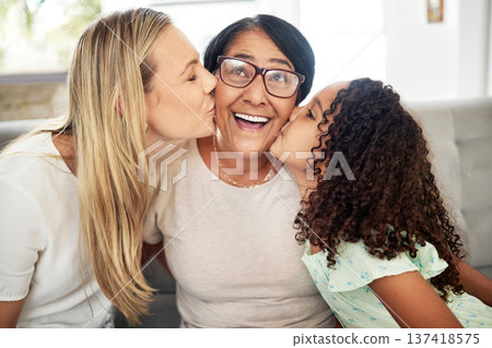 Interracial family, kiss portrait and home with love, bonding and parent care with grandmother, mom and child. Happy, smile and living room with children and support together relax with grandparents Interracial family, kiss portrait and home with love, bonding and parent care with grandmother, mom and child. Happy, smile and living room with children and support together relax with grandparents 137418575
