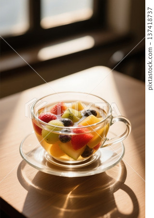 Fruit tea in a glass on a wooden table Fruit tea in a glass on a wooden table 137418737