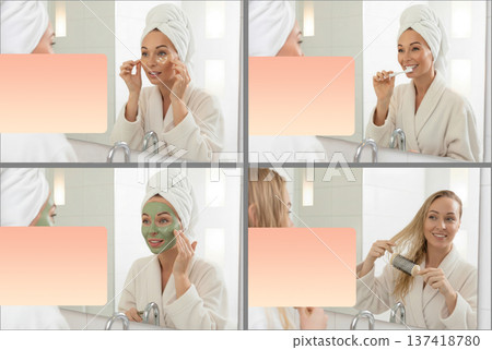 Young woman in bathrobe performing self care routine with eye patches, brushing teeth, applying green clay mask and styling hair in bathroom mirror, mock-up Young woman in bathrobe performing self care routine with eye patches, brushing teeth, applying green clay mask and styling hair in bathroom mirror, mock-up 137418780