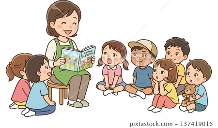 老師在唸圖畫書給孩子們聽時，孩子們都認真聽著。 137419016