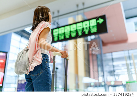 A woman looking at an information board at the airport. Photo courtesy of Kansai International Airport (KIX). A woman looking at an information board at the airport. Photo courtesy of Kansai International Airport (KIX). 137419284