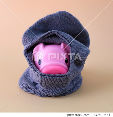 Piggy bank in winter gear for savings concept. Piggy bank in winter gear for savings concept. 137419351