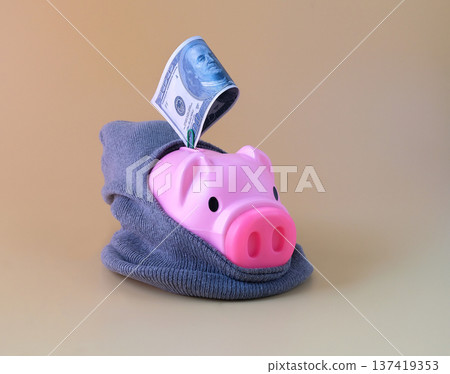 Piggy bank in winter gear for savings concept. Piggy bank in winter gear for savings concept. 137419353