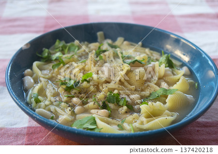 italian pasta and beans soup with parsley italian pasta and beans soup with parsley 137420218
