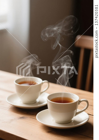 Two steaming cups of tea on the wooden table 137420381