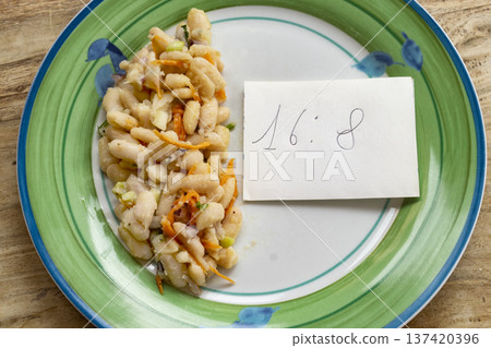 eat fast message with pills and half plate of food on table eat fast message with pills and half plate of food on table 137420396