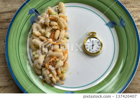 eat fast message with pills and half plate of food on table eat fast message with pills and half plate of food on table 137420407