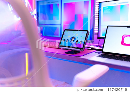 A neon-lit work-from-home environment 137420746