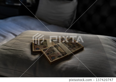 Japanese yen placed on a pillow Japanese yen placed on a pillow 137420747