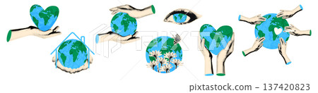 Earth day cut out elements set for collage. Halftone hands holding paper Earth globe Save planet, ecology and environment, protect nature concept Modern retro mixed media vector illustration isolated Earth day cut out elements set for collage. Halftone hands holding paper Earth globe Save planet, ecology and environment, protect nature concept Modern retro mixed media vector illustration isolated 137420823