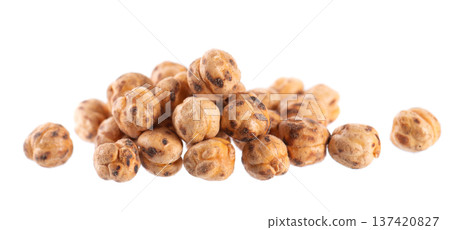 Roasted chickpea isolated on white background. Handful of crunchy roasted chickpeas snack. Clipping path. Roasted chickpea isolated on white background. Handful of crunchy roasted chickpeas snack. Clipping path. 137420827