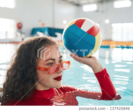 Swimming, water polo and woman with ball, exercise and workout in summer. Sport, sunglasses and person in pool, training and fitness for healthy body, wellness and practice match in competition game 137420846