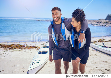 Love, happy and kayak with a couple laughing on the beach for travel, freedom or sports outdoor in nature. Funny, summer vacation or holiday with a man and woman by the sea or ocean for canoeing Love, happy and kayak with a couple laughing on the beach for travel, freedom or sports outdoor in nature. Funny, summer vacation or holiday with a man and woman by the sea or ocean for canoeing 137420854