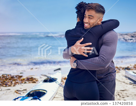 Kayak, sports and fitness couple hug at a beach for training, bond and workout in nature together. Kayaking, love and man embrace woman at the sea for rowing adventure, workout or fun weekend hobby Kayak, sports and fitness couple hug at a beach for training, bond and workout in nature together. Kayaking, love and man embrace woman at the sea for rowing adventure, workout or fun weekend hobby 137420858