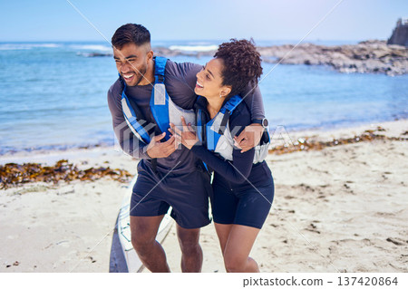 Love, happy and kayak with a couple walking on the beach for travel, freedom or sports outdoor in nature. Smile, summer vacation or holiday with a man and woman by the sea or ocean for canoeing Love, happy and kayak with a couple walking on the beach for travel, freedom or sports outdoor in nature. Smile, summer vacation or holiday with a man and woman by the sea or ocean for canoeing 137420864