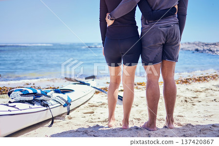 Couple, adventure and outdoor for kayak or travel at a beach with a partner for teamwork. Behind legs of a man and woman with a canoe for water sports, summer vacation and freedom or love in nature Couple, adventure and outdoor for kayak or travel at a beach with a partner for teamwork. Behind legs of a man and woman with a canoe for water sports, summer vacation and freedom or love in nature 137420867