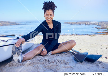 Beach portrait, rowing and happy woman stretching body for outdoor fitness, sports training and athlete start workout. Legs muscle care, smile and relax nature person doing warm up sitting on sand Beach portrait, rowing and happy woman stretching body for outdoor fitness, sports training and athlete start workout. Legs muscle care, smile and relax nature person doing warm up sitting on sand 137420935
