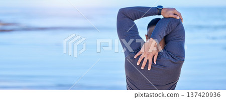 Back, beach and man with fitness, stretching and exercise with warm up, training and cardio sport routine. Person, outdoor or athlete stretch arms, workout and prepare to start activity with wellness Back, beach and man with fitness, stretching and exercise with warm up, training and cardio sport routine. Person, outdoor or athlete stretch arms, workout and prepare to start activity with wellness 137420936