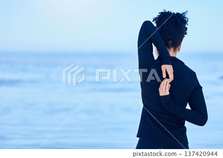 Back, beach and woman with exercise, stretching and wellness with sports, workout and cardio with performance. Person, outdoor or athlete stretch arms, training or mockup space with health or fitness 137420944