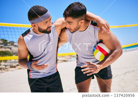 Beach, volleyball team and men for strategy, game plan and prepare for competition. Sports, fitness and athletes talking in huddle for training, exercise and workout for match, challenge and practice Beach, volleyball team and men for strategy, game plan and prepare for competition. Sports, fitness and athletes talking in huddle for training, exercise and workout for match, challenge and practice 137420956