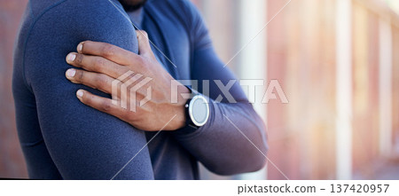 Arm injury, pain and fitness person massage bruise, hurt joint and anatomy problem from workout, exercise or sports accident. Medical emergency risk, sore and athlete shoulder with training crisis 137420957