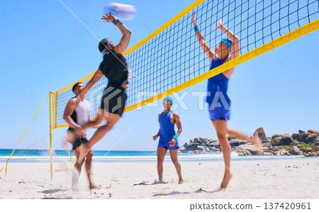 Beach volleyball match, jump and sports people play competition, outdoor game and active training for fitness challenge. Summer teamwork, rival athlete and team workout, activity and partner exercise Beach volleyball match, jump and sports people play competition, outdoor game and active training for fitness challenge. Summer teamwork, rival athlete and team workout, activity and partner exercise 137420961