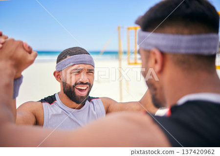 Happy man, volleyball and celebration on beach in winning, victory or match point in fitness, exercise or motivation. Excited male person in team sports, game or achievement in success on ocean coast Happy man, volleyball and celebration on beach in winning, victory or match point in fitness, exercise or motivation. Excited male person in team sports, game or achievement in success on ocean coast 137420962