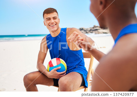 Happy man, volleyball and fist bump on beach in teamwork, winning or outdoor fitness success together. Male person touching hands in team sports, victory or match point and game on the ocean coast Happy man, volleyball and fist bump on beach in teamwork, winning or outdoor fitness success together. Male person touching hands in team sports, victory or match point and game on the ocean coast 137420977