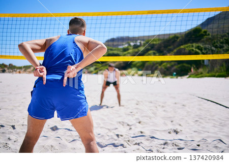 Volleyball, exercise and man at beach with hand sign to block angle of attack. Sports, back and gesture of athlete outdoor in workout, training or competition for healthy body, wellness and summer 137420984