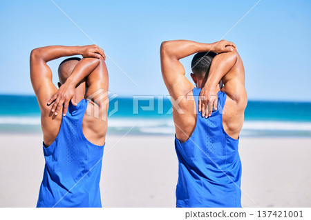 Man, friends and stretching back in fitness on beach for workout, exercise or outdoor training in sports. Rear view of muscular, athlete or male person in body warm up together on the ocean coast Man, friends and stretching back in fitness on beach for workout, exercise or outdoor training in sports. Rear view of muscular, athlete or male person in body warm up together on the ocean coast 137421001