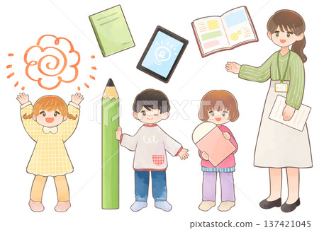 Learning image illustration set of children studying and teachers Learning image illustration set of children studying and teachers 137421045