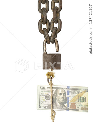 A conceptual image of financial power is depicted by a rusty chain with a unlocked padlock locking a number of hundred-dollar bills, ready to be unlocked, which are bound together with rough rope. 137421197