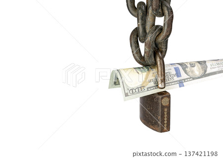 A conceptual image of financial power is depicted by a rusty chain with a unlocked padlock locking a number of hundred-dollar bills, ready to be unlocked, which are bound together with rough rope. A conceptual image of financial power is depicted by a rusty chain with a unlocked padlock locking a number of hundred-dollar bills, ready to be unlocked, which are bound together with rough rope. 137421198