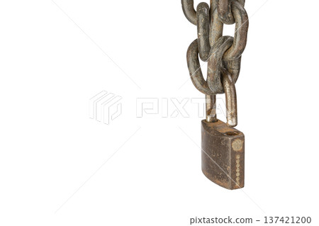 Aged and Weathered Iron Chain with Rusty Lock on a Pristine White Background Symbolizing Security and Resilience Through Time with copy space 137421200
