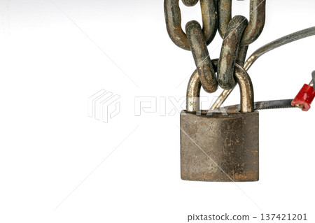 Aged and Weathered Metal locked Padlock with Heavy Chain Depicted on Minimalist Background Illustrating Security and Protection Concepts Aged and Weathered Metal locked Padlock with Heavy Chain Depicted on Minimalist Background Illustrating Security and Protection Concepts 137421201