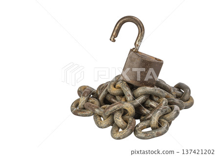 Antique Rusty Open Padlock with Intertwined Weathered Chains on White Background Showing Symbolic Freedom and Security Concept isolated on white 137421202