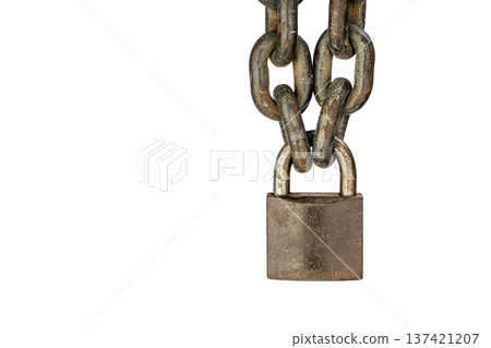 Close-Up of a Sturdy Weathered Metal locked Padlock Secured with Heavy Rusted Chain Links on Isolated White Background Close-Up of a Sturdy Weathered Metal locked Padlock Secured with Heavy Rusted Chain Links on Isolated White Background 137421207