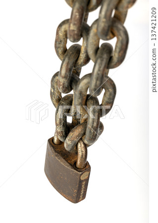 Close-Up of an Aged, Rusty Metal Chain with an Old Sturdy Padlock Hanging Against a Clean White Background, Symbolizing Security and Timeless Strength isolated on white Close-Up of an Aged, Rusty Metal Chain with an Old Sturdy Padlock Hanging Against a Clean White Background, Symbolizing Security and Timeless Strength isolated on white 137421209
