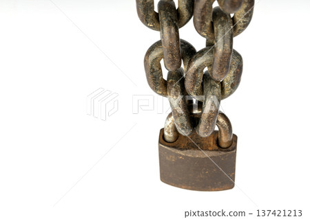 Close-Up View of a Heavy Duty Rusty Metal Chain Secured with a Strong Iron Padlock Symbolizing Security and Strength isolated on white Close-Up View of a Heavy Duty Rusty Metal Chain Secured with a Strong Iron Padlock Symbolizing Security and Strength isolated on white 137421213
