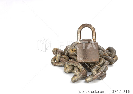 Rusted Metal unlocked Padlock with Weathered Heavy Iron Chain on Pristine White Background Symbolizing Security and Preservation isolated on white Rusted Metal unlocked Padlock with Weathered Heavy Iron Chain on Pristine White Background Symbolizing Security and Preservation isolated on white 137421216