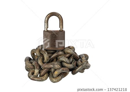 Rustic Heavy-Duty Metal Padlock with Thick, Intertwined Chains Symbolizing Security and Durability on a Plain White Background 137421218