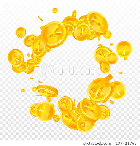 Japanese yen coins falling. Scattered gold JPY coins. Japan money. Jackpot wealth or success concept. Square vector illustration. 137421763