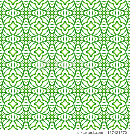 Textile ready brilliant print, swimwear fabric, wallpaper, wrapping. Green creative boho chic summer design. Watercolor summer ethnic border pattern. Ethnic hand painted pattern. 137421770