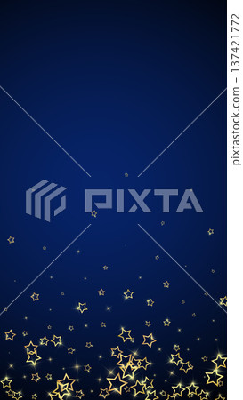 Gold sparkling star confetti. Chaotic dreamy childish overlay template. Festive stars vector illustration on dark blue background. Gold sparkling star confetti. Chaotic dreamy childish overlay template. Festive stars vector illustration on dark blue background. 137421772
