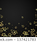 Gold sparkling star confetti. Chaotic dreamy childish overlay template. Festive stars vector illustration on black background. 137421783
