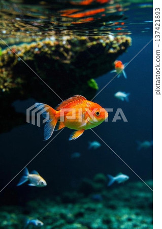 Goldfish swimming freely in the water and a school of fish 137421893