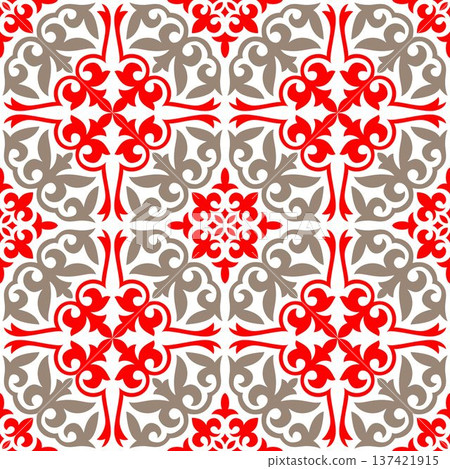Seamless pattern featuring elegant red gold Central Asian ornamental motifs, traditional floral swirls, symmetrical geometric ornament. For textile, embroidery, tile, Mediterranean ceramic, patchwork Seamless pattern featuring elegant red gold Central Asian ornamental motifs, traditional floral swirls, symmetrical geometric ornament. For textile, embroidery, tile, Mediterranean ceramic, patchwork 137421915