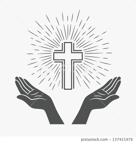 Vector Black and White Open Hands Silhouette with Cross and Rays. Symbol of Faith and Prayer. Design Template for Church Logo. Prayer, Religion Concept. Monochrome Cut Out Icon. Vector Illustration Vector Black and White Open Hands Silhouette with Cross and Rays. Symbol of Faith and Prayer. Design Template for Church Logo. Prayer, Religion Concept. Monochrome Cut Out Icon. Vector Illustration 137421978