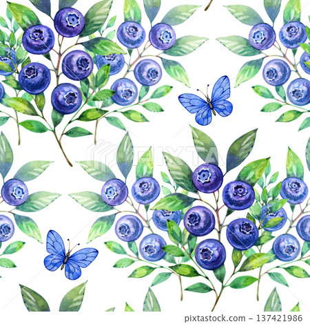 Watercolor seamless pattern with lush blueberry branches and small blue butterflies. Soft artistic style featuring ripe berries, delicate green leaves, and charming insects, perfect for textile design Watercolor seamless pattern with lush blueberry branches and small blue butterflies. Soft artistic style featuring ripe berries, delicate green leaves, and charming insects, perfect for textile design 137421986